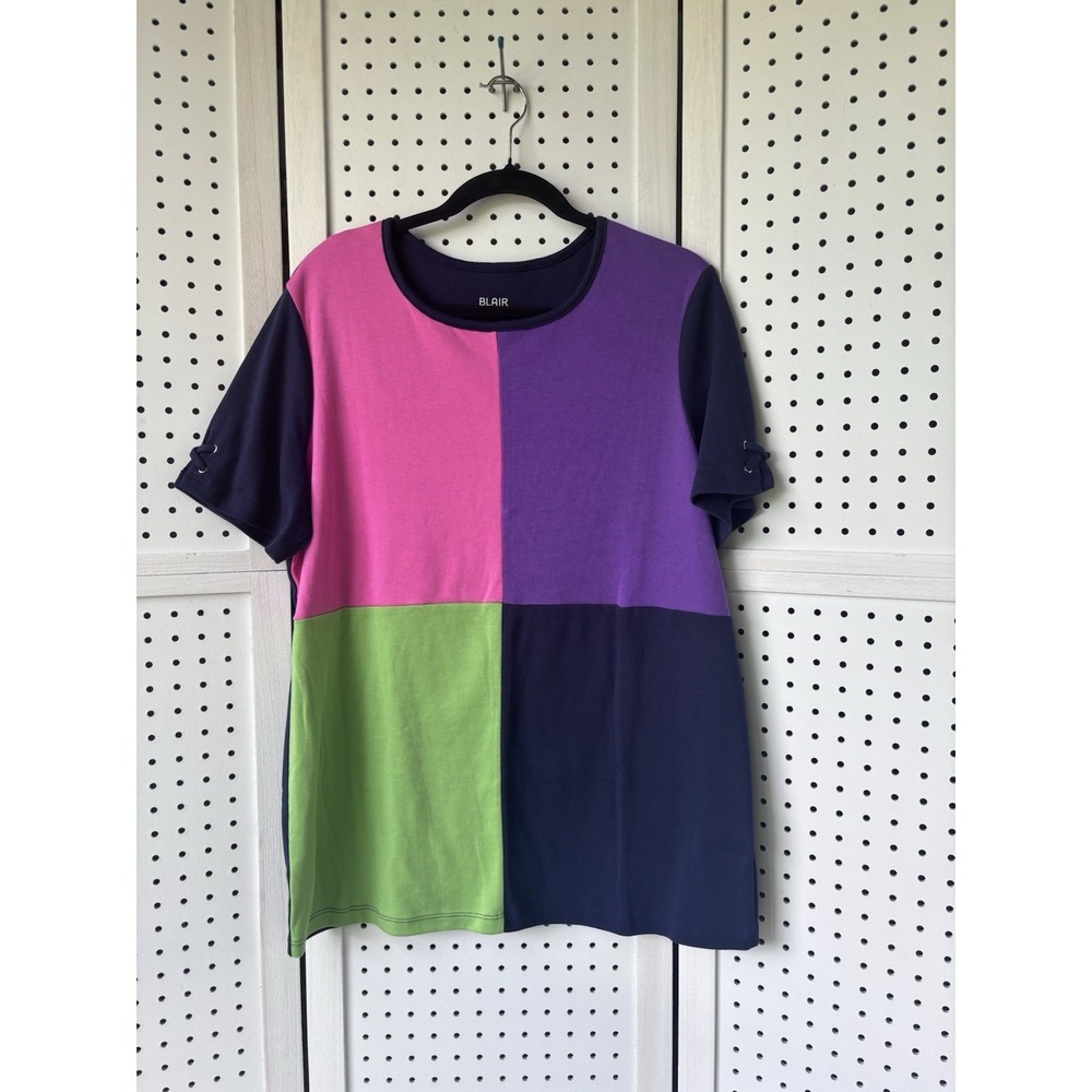 Blair Women's Lg Colorful‎ Colorblock Short SLV Tee Cotton Polyester Patchwork
